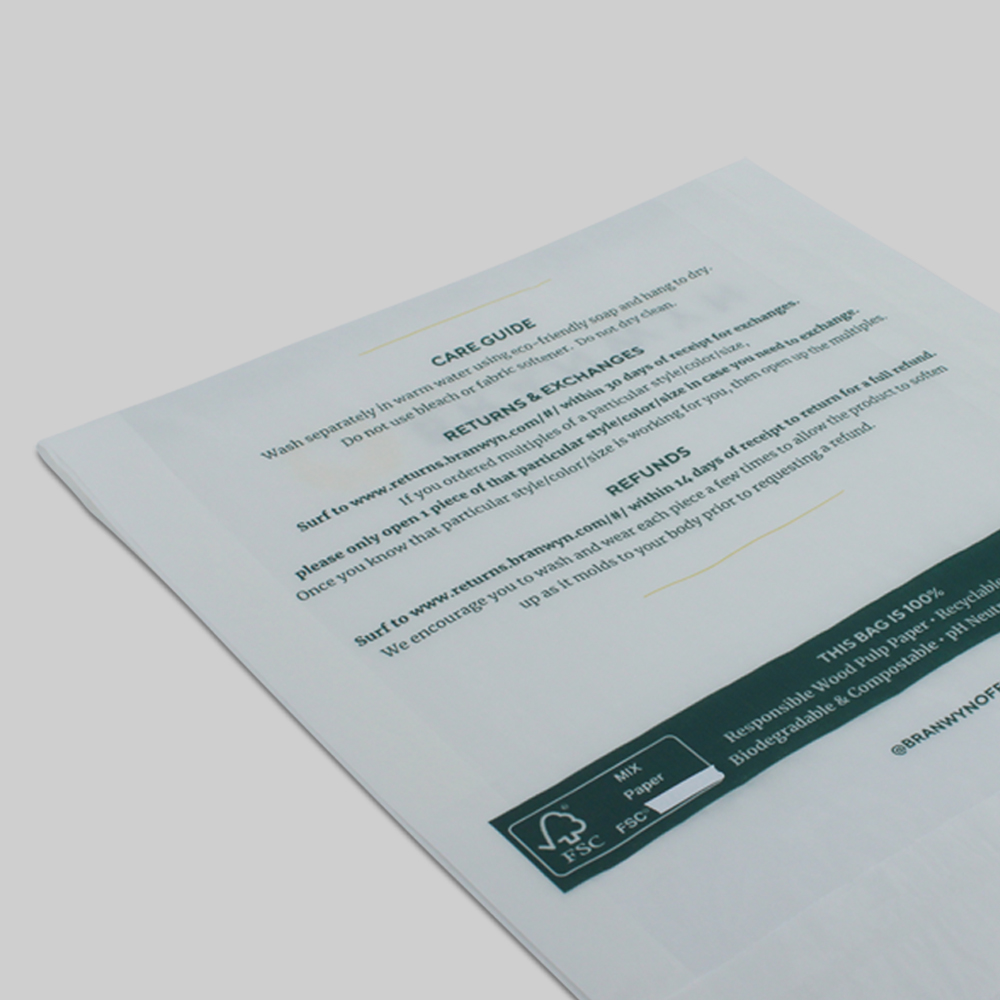 Rückseite des Pergaminbeutels mit Text und FSC-Siegel